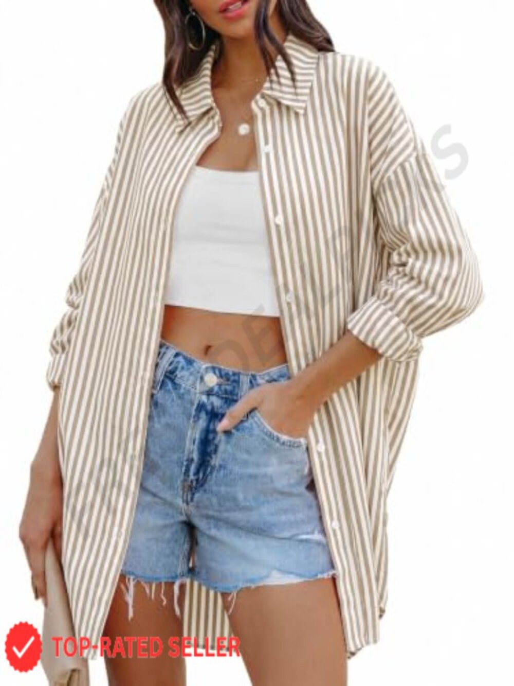 Oversized Long Sleeve Button Down Shirt Lapel Collar Striped Blouse